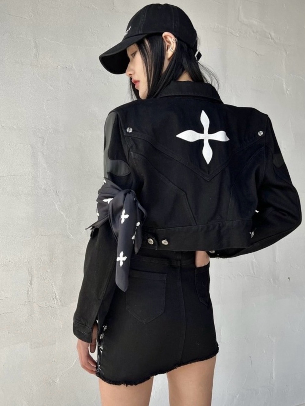 SMFK Crucifix Nirvana Cropped Denim Jacket Black Size 1 Small Rare